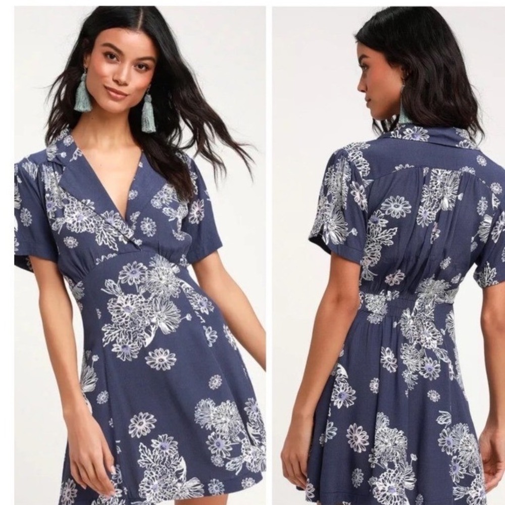 Free People Hawaii Washed Blue Floral Print Short Sleeve Mini Dress Medium